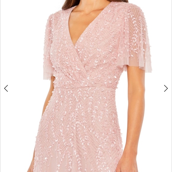 NWT Mac Duggal 35116 8 Pink Wrap Over 8 Flutter Sleeves Midi Beaded Dress Gown - Picture 1 of 10